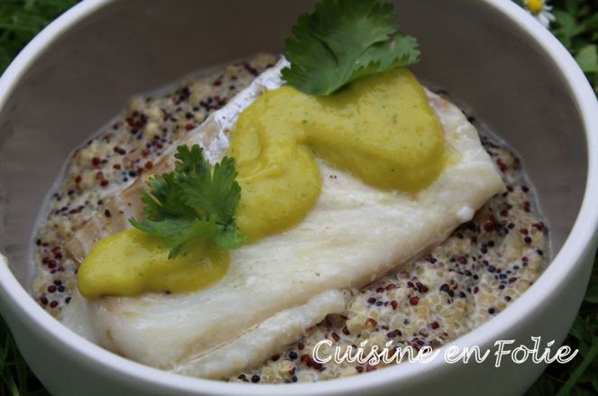 Dos de cabillaud et son pesto de mangue sur lit de quinotto au lait de coco