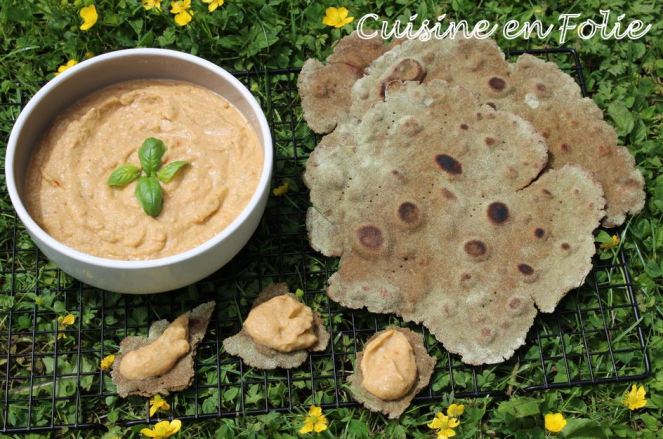 Piadina con semi di zucca et Caviar d'aubergines à la pomme verte